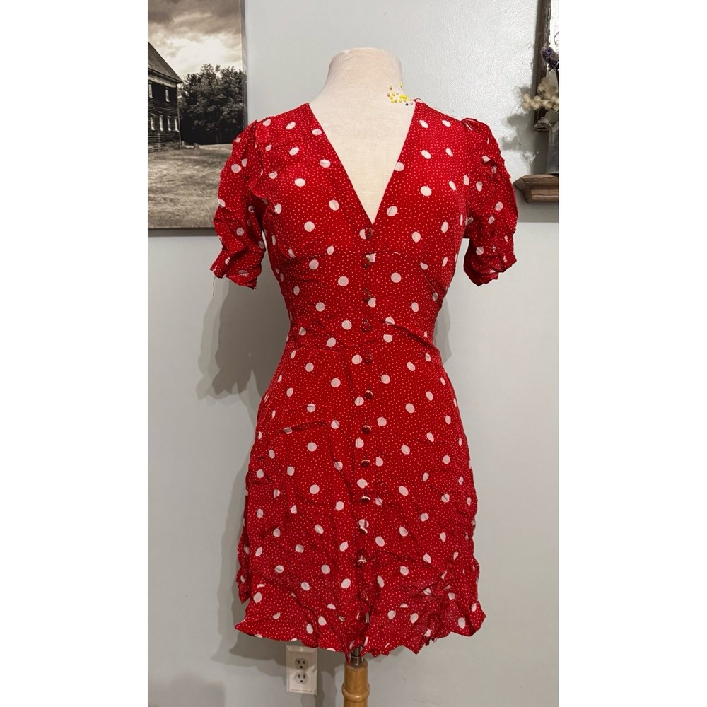 The Kooples Paris red white polka dot short dress smocked waist short sleeve